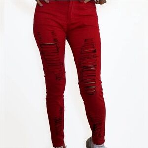 LING Stylish Red Distressed Skinny Jeans Women’s Small stretch 5 Pockets Boho